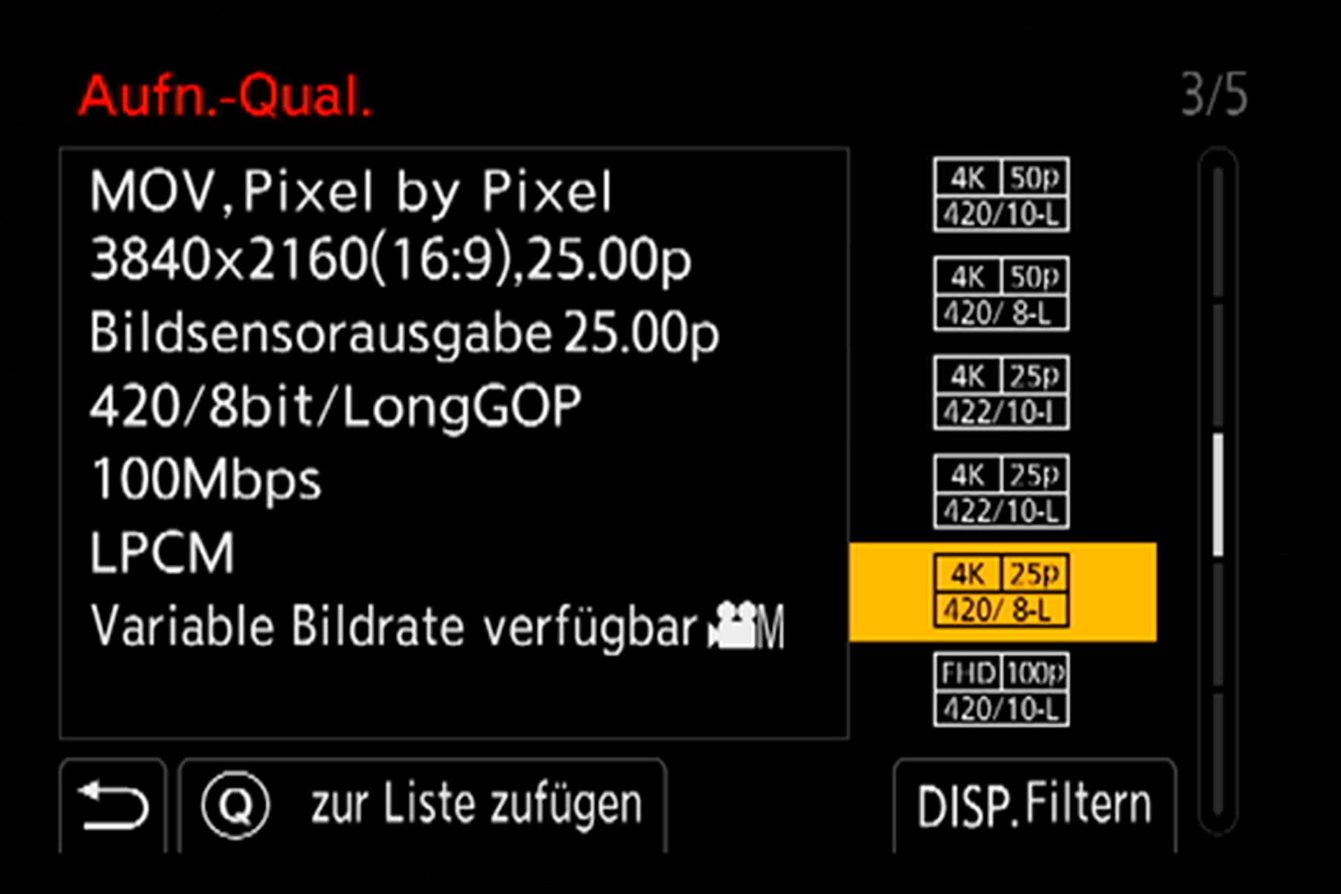Untermenü, Aufnahmequalität, Seite 3 von 5